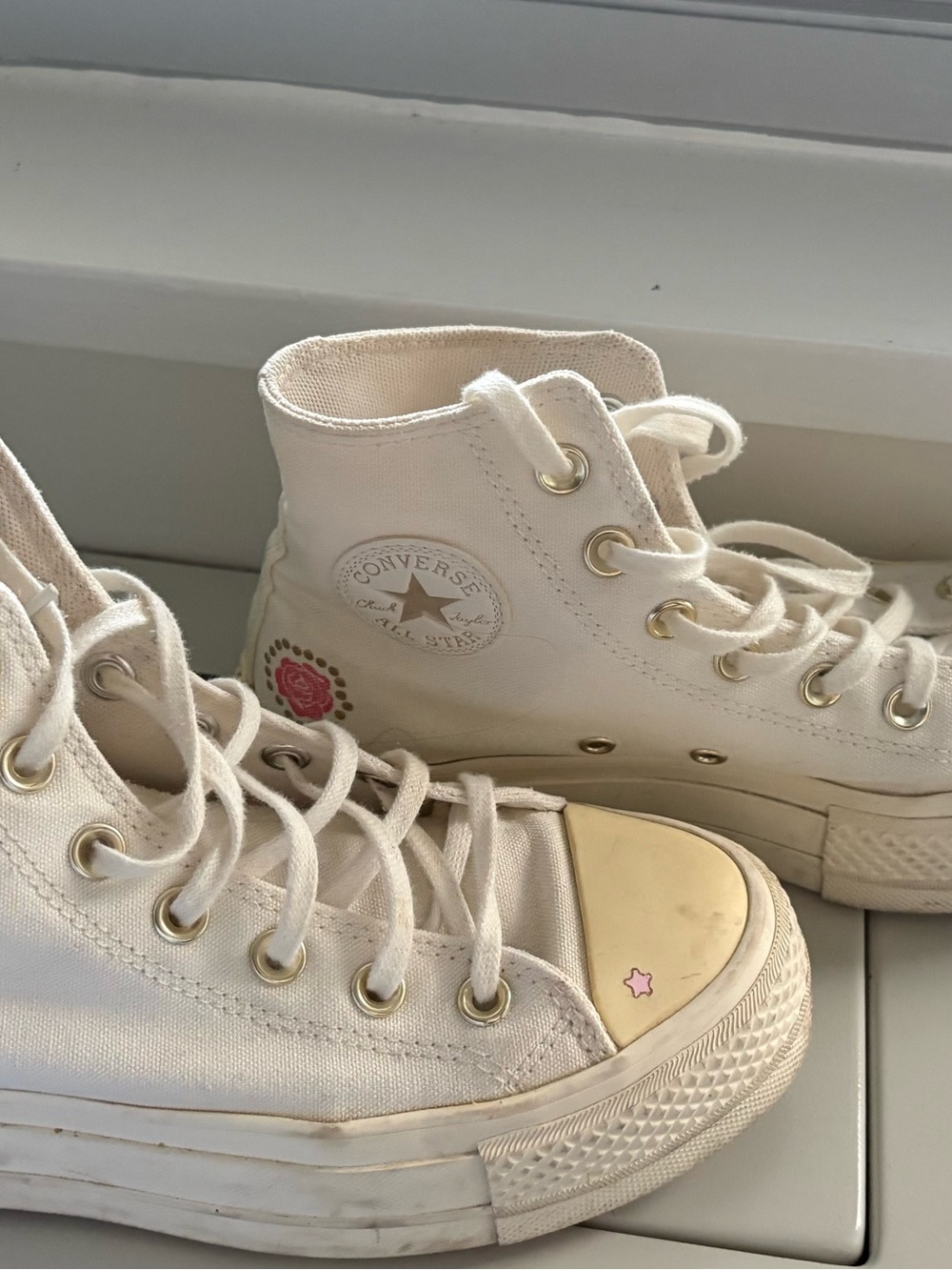 Converse Cream High-Top Canvas Sneakers with Rose Patch